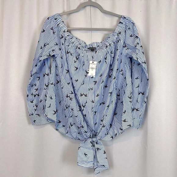 NWT Express Striped Bird Print Off the Shoulder Women’s Large Top - Picture 1 of 4